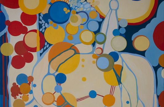 Circles of reds and yellows, intersect with blue flowing lines.