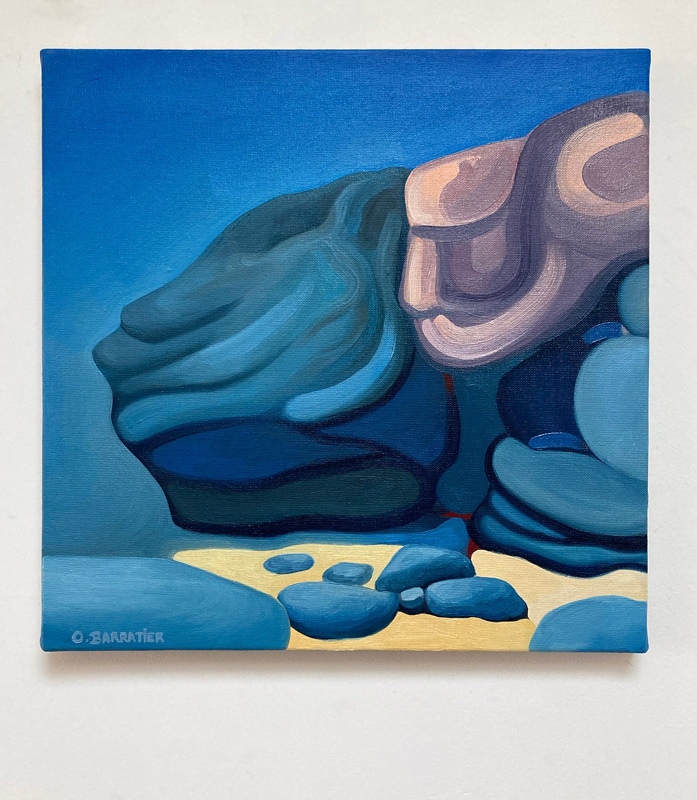 Rocks and sand, dominant colours blue and gold. Alternate title Love Streams.