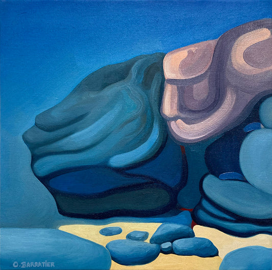 Rocks and sand, dominant colours blue and gold. Alternate title Love Streams.